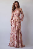 One Shoulder Pink A Line Long Sleeve Floral Dress with Slit