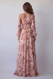 One Shoulder Pink A Line Long Sleeve Floral Dress with Slit