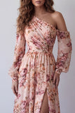 One Shoulder Pink A Line Long Sleeve Floral Dress with Slit