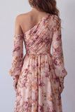 One Shoulder Pink A Line Long Sleeve Floral Dress with Slit