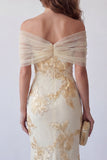 Off The Shoulder Light Yellow Embroidered Mermaid Formal Dress