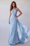 One Shoulder Sky Blue Appliqued Chiffon Formal Dress with Streamer