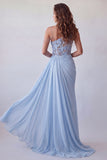 One Shoulder Sky Blue Appliqued Chiffon Formal Dress with Streamer