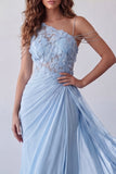 One Shoulder Sky Blue Appliqued Chiffon Formal Dress with Streamer