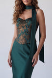 Dark Green Spaghetti Straps Mermaid Formal Dress with Neck Scarf