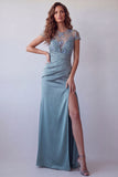 Grey Blue Sheer Floral Short Sleeve Sheath Formal Dress