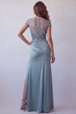Grey Blue Sheer Floral Short Sleeve Sheath Formal Dress