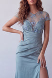 Grey Blue Sheer Floral Short Sleeve Sheath Formal Dress