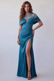 Off The Shoulder Peacock Blue Sheer Floral Satin Mermaid Formal Dress