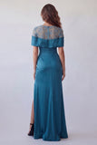 Off The Shoulder Peacock Blue Sheer Floral Satin Mermaid Formal Dress