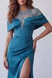Off The Shoulder Peacock Blue Sheer Floral Satin Mermaid Formal Dress
