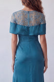 Off The Shoulder Peacock Blue Sheer Floral Satin Mermaid Formal Dress