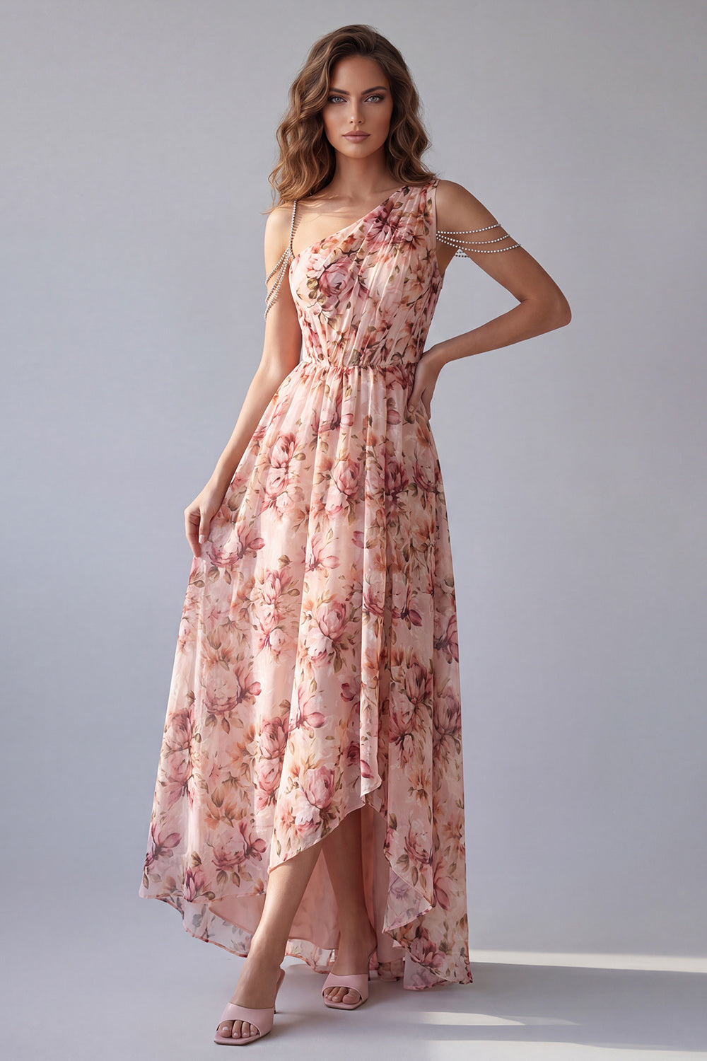 Zapaka Women One Shoulder Formal Dress Pink Floral A Line Chiffon