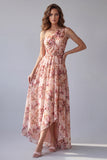 One Shoulder Pink Floral A Line Formal Dress