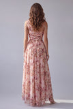 One Shoulder Pink Floral A Line Formal Dress