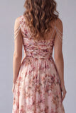 One Shoulder Pink Floral A Line Formal Dress