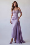 Sparkly Light Purple Off The Shoulder Sheath Formal Dress with Streamer