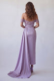 Sparkly Light Purple Off The Shoulder Sheath Formal Dress with Streamer