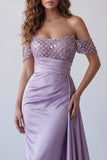 Sparkly Light Purple Off The Shoulder Sheath Formal Dress with Streamer