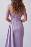 Sparkly Light Purple Off The Shoulder Sheath Formal Dress with Streamer