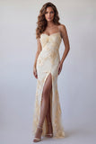 Light Yellow Floral Mermaid Formal Dress with Rhinestone Chain Straps