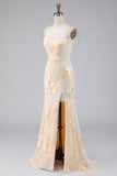 Light Yellow Floral Mermaid Formal Dress with Rhinestone Chain Straps
