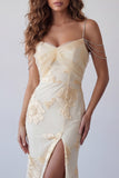 Light Yellow Floral Mermaid Formal Dress with Rhinestone Chain Straps