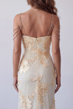 Light Yellow Floral Mermaid Formal Dress with Rhinestone Chain Straps