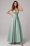 Green Spaghetti Straps Appliqued A Line Satin Formal Dress