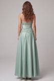 Green Spaghetti Straps Appliqued A Line Satin Formal Dress