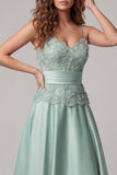 Green Spaghetti Straps Appliqued A Line Satin Formal Dress