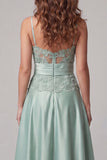 Green Spaghetti Straps Appliqued A Line Satin Formal Dress