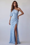 One Shoulder Sky Blue Appliqued Mermaid Formal Dress