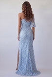 One Shoulder Sky Blue Appliqued Mermaid Formal Dress