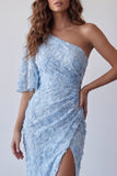 One Shoulder Sky Blue Appliqued Mermaid Formal Dress
