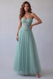 Strapless Green Corset A Line Tulle Appliqued Formal Dress