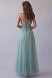 Strapless Green Corset A Line Tulle Appliqued Formal Dress