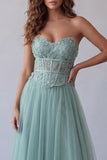 Strapless Green Corset A Line Tulle Appliqued Formal Dress