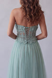 Strapless Green Corset A Line Tulle Appliqued Formal Dress