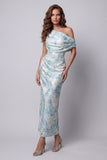 One Shoulder Light Green Floral Sheath Formal Dress