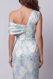 One Shoulder Light Green Floral Sheath Formal Dress