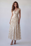 Champagne A-Line Ruched V-Neck Printed Beaded Formal Dress with Cap Sleeves