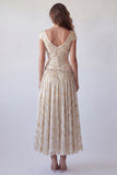 Champagne A-Line Ruched V-Neck Printed Beaded Formal Dress with Cap Sleeves