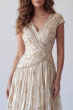 Champagne A-Line Ruched V-Neck Printed Beaded Formal Dress with Cap Sleeves