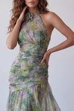 Dusty Sage Chiffon A-Line Ruched Floral Halter Neck Long Formal Dress