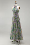Dusty Sage Chiffon A-Line Ruched Floral Halter Neck Long Formal Dress