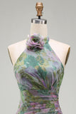 Dusty Sage Chiffon A-Line Ruched Floral Halter Neck Long Formal Dress