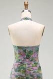 Dusty Sage Chiffon A-Line Ruched Floral Halter Neck Long Formal Dress