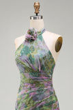 Dusty Sage Chiffon A-Line Ruched Floral Halter Neck Long Formal Dress