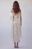 Off the Shoulder Champagne Bodycon Printed Midi Formal Dress with Cape